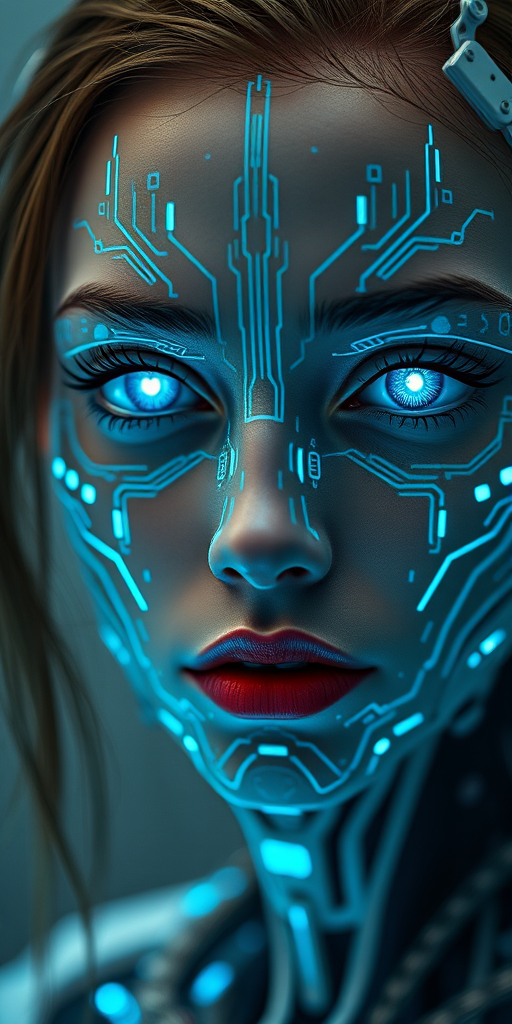 Create a hyper-realistic portrait of a cybernetic female with glowing blue eyes and intricate circuit patterns on her face, using a Canon EOS R5, 85mm lens, f/1.2 aperture, ISO 100, 1/200s shutter speed, in a soft, diffused lighting setup and shot at eye level.