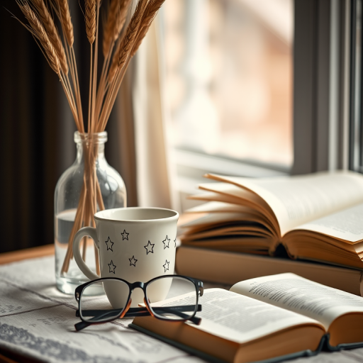 create a cozy still life scene featuring a vase with wheat, a coffee cup with stars, reading glasses, and a book with soft bokeh background, use a 50mm lens, f/2.8 aperture, ISO 100, natural light from a window, shot with a DSLR camera
