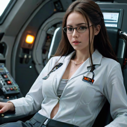 1girl,solo,long hair,sitting,parted lips,labcoat,robot,jewelry,cable,glasses,science fiction,looking  up,machine,hair between eyes,open mouth,cockpit,necklace,blurry,mecha,breasts,bed,