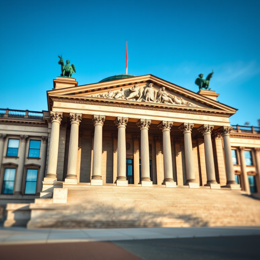 Regenerate an artistic rendition of the Reichstag building in Berlin, showcasing its grand facade with detailed columns and sculptures, use a Canon EOS 5D Mark IV camera, 24mm lens, f/8 aperture, 1/125 sec shutter speed, capture in daylight, with a slight tilt-shift effect for depth.