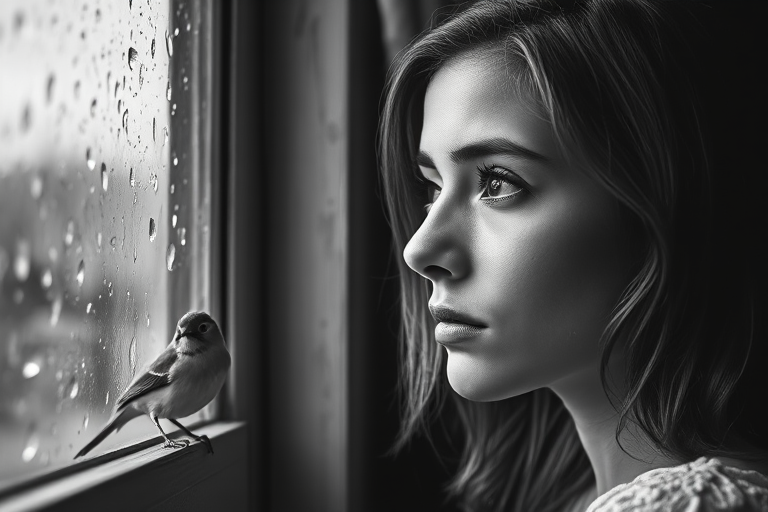 Create a monochrome portrait of a young woman gazing pensively out of a rain-streaked window with a small bird perched beside her, captured in soft focus with a DSLR camera at f/2.8, ISO 100, and a 50mm lens, using natural light for a dramatic effect.
