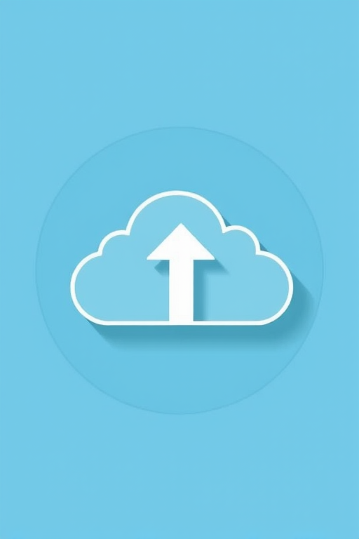 Create a high-resolution vector graphic of a stylized cloud with an upward arrow inside it, using a flat design style on a solid blue circular background, with a soft shadow beneath the cloud to add depth, captured using a digital camera with an aperture of f/8, shutter speed of 1/60s, ISO 100, with a top-down view.
