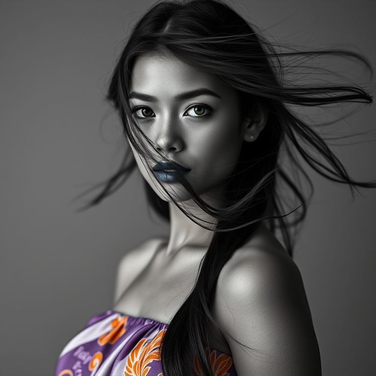 Photographic image of a beautiful young Maori woman, green eyes, lips with cyan lipstick, long hair fluttering in the wind and wearing a silk strapless dress with a soft purple and orange print. monochrome image with only color highlights in the iris of the eyes, lipstick and dress. Gray background.