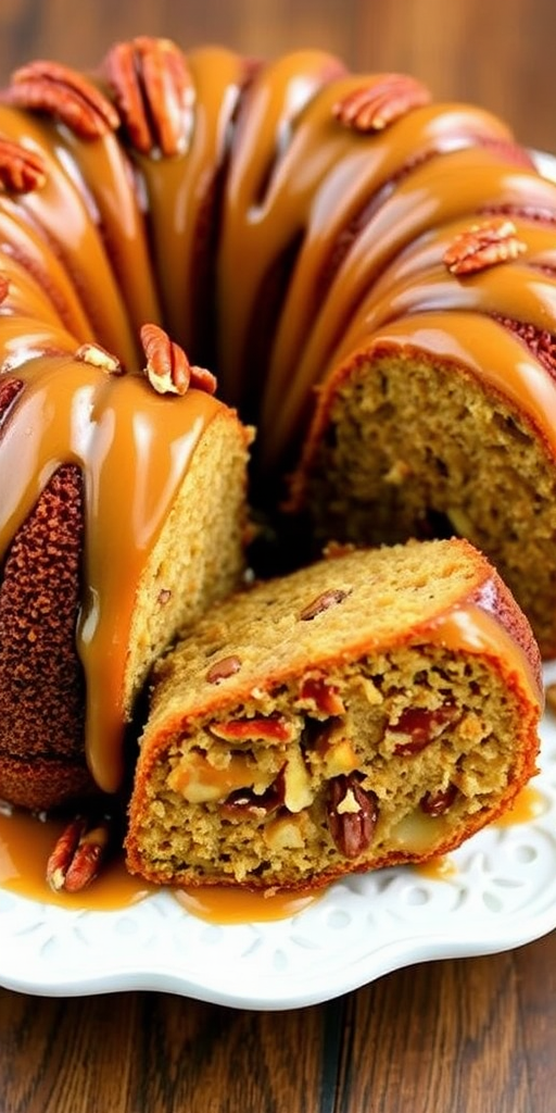 A deliciously moist bundt cake with a rich caramel glaze drizzled over the top and garnished with pecans, showcasing a slice revealing a nut-filled interior on a decorative white plate.