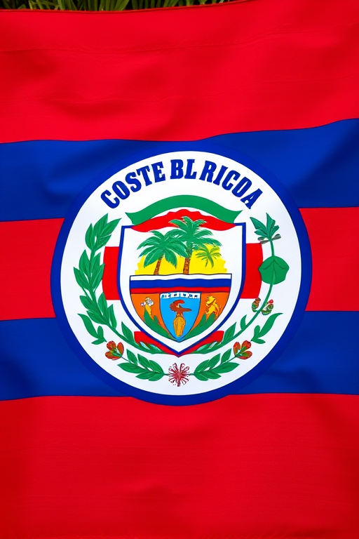 Create a high-resolution image of the Costa Rica coat of arms with a circular design, shot with a Canon EOS R5 at f/8 aperture, ISO 100, 1/200 sec shutter speed, in natural light, with a focus on vibrant colors and sharp details.