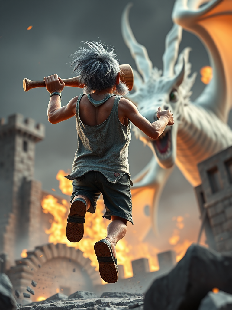 Cartoon 3D High-Resolution,dynamic battle scene using Unreal Engine 5 and Octane Render. The scene features back of an elderly, thai man with a beard,messy hair and round golden-rimmed glasses. He is wearing a tattered tank top with soot marks, shorts, and sandals. sweating. he wields a baseball bat. He jump to fight with a white fire-breathing Europe dragon amidst a partially destroyed stone castle. Include intense flames, smoke, and debris to enhance the dramatic effect.