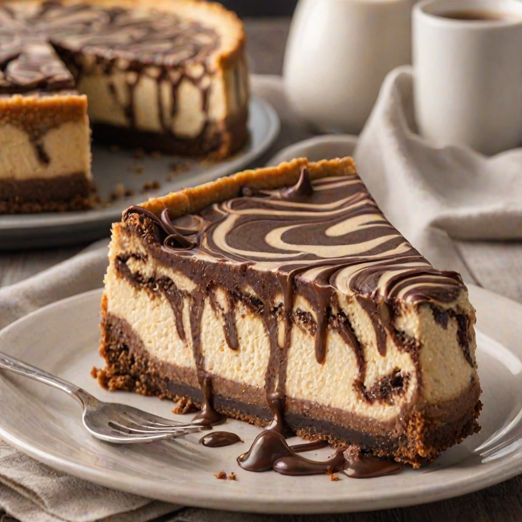 Generate an image of a delicious chocolate marble cheesecake with a smooth, swirled top and a rich, textured crust. The cheesecake should have a glossy finish, highlighting the chocolate and cream cheese swirls, and the crust should appear thick and crumbly. The background should be softly blurred to emphasize the dessert.