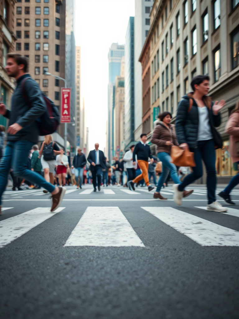 Capture a bustling street scene with pedestrians in motion, focusing on feet crossing a crosswalk, using a DSLR camera, 35mm lens, aperture f/4, shutter speed 1/250 sec, ISO 200, natural lighting, with a shallow depth of field to blur the background slightly.