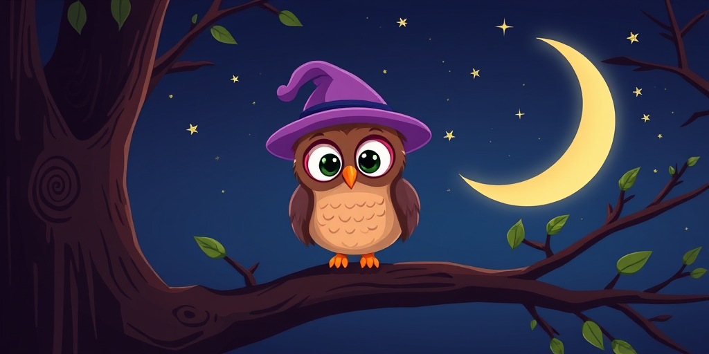 Create a whimsical illustration of a cartoon owl wearing a purple hat perched on a tree branch at night, with a crescent moon and twinkling stars in the background, captured in a high-resolution digital format, using a 50mm lens, f/2.8 aperture, 1/200s shutter speed, and a warm color palette.