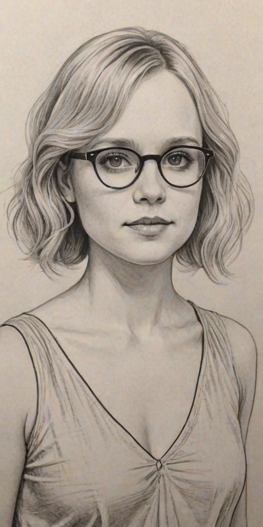 Charming Alison Pill, pencil sketch, portrait of Radiant woman 1923s in glasses, hair style beatnik, outline, clear lines, fine lines, 8k