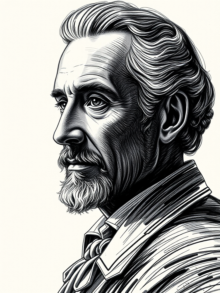 Create a high-resolution artistic illustration of a historical figure with a textured sketch effect, captured in portrait orientation using a DSLR camera, 85mm lens, aperture f/1.8, ISO 100, and a soft focus background to enhance depth and detail.