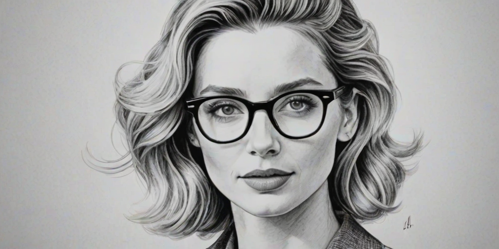 Exquisite Annabelle Wallis, pencil sketch, portrait of Attractive woman 1948s in glasses, hair style beatnik, outline, clear lines, fine lines, 8k