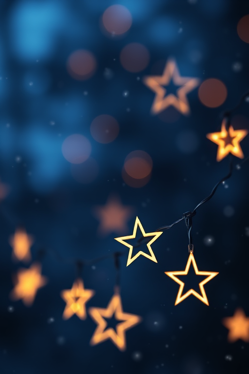 Generate an image of a nighttime scene with soft bokeh lights in the background. Include string lights shaped like stars, softly glowing against a dark blue backdrop. Add a gentle snowfall effect to enhance the magical atmosphere.