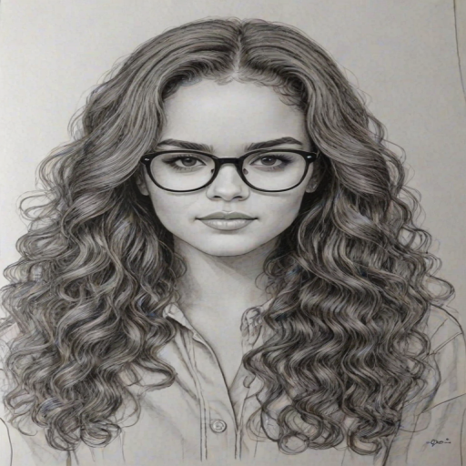 Wonderful Madison Pettis, pencil sketch, portrait of Charming woman 1973s in glasses, hair style beatnik, outline, clear lines, fine lines, 8k