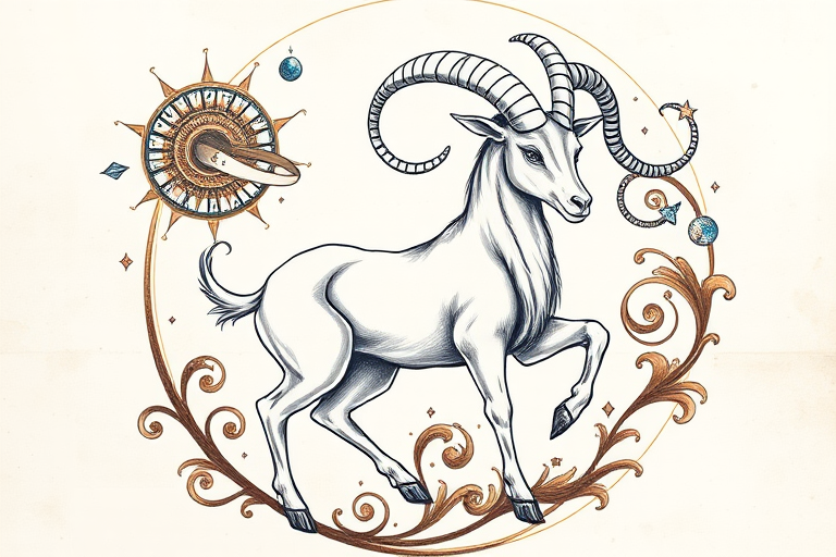 Create a detailed illustration of a Capricorn symbol featuring a majestic goat with intricate swirling designs and cosmic elements in the background, captured with a DSLR camera at f/2.8 aperture, ISO 100, 50mm lens, shot in a high-resolution style with a focus on vibrant colors and fine details.