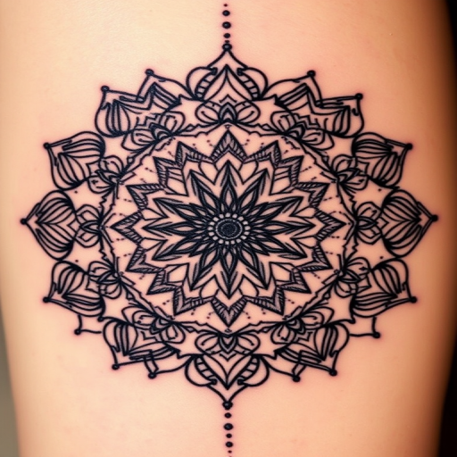 Dotwork mandala tattoo featuring intricate patterns and gradual shading, creating a three-dimensional illusion, incorporating sacred geometry, called "Dimensional Harmony"
