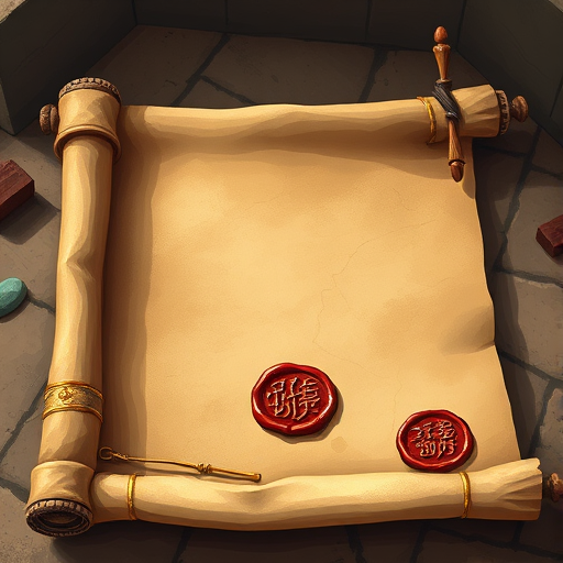 Ancient Scroll and Seals Resting on a Stone Surface in a Mystical Setting