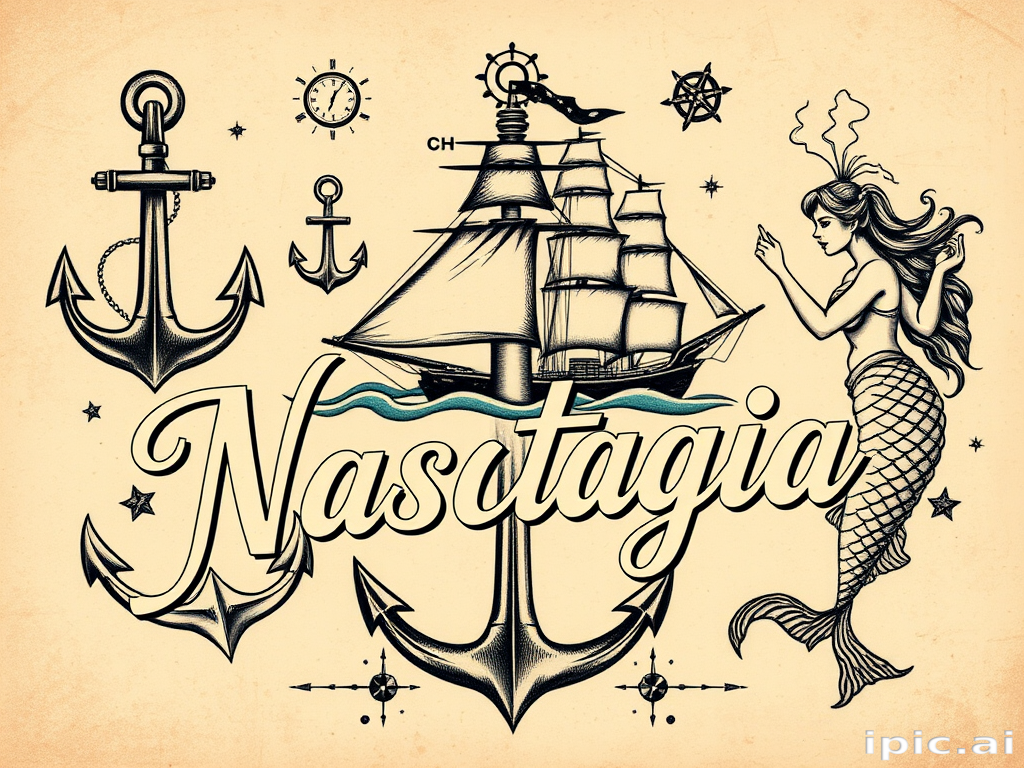 Vintage-inspired tattoo named "Nautical Nostalgia" featuring classic maritime elements like anchors, ships, and mermaids in a muted color palette with distressed effects for an authentic aged appearance