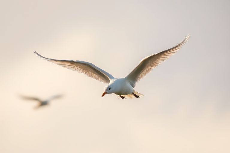 a close-up shot of a white bird in mid-flight against a soft, cloudy background, with a focal length of 200mm, aperture set to f/4, ISO 100, using a DSLR camera in natural light to enhance clarity and detail