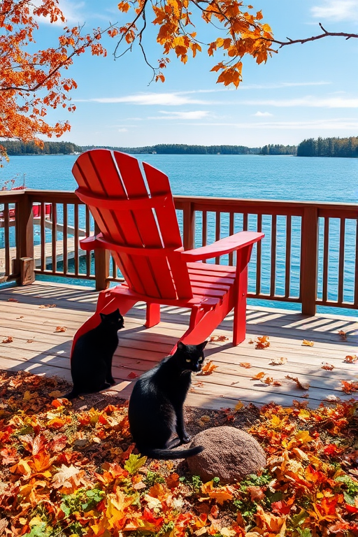 Create a vibrant, high-resolution image of a lakeside view with a red Adirondack chair on a deck, autumn leaves scattered on the ground, a black cat sitting near the chair, and colorful foliage in the foreground, captured with a Canon EOS 5D Mark IV at f/8, ISO 100, 1/200 sec, a wide-angle lens at 24mm, and a bright, sunny atmosphere.