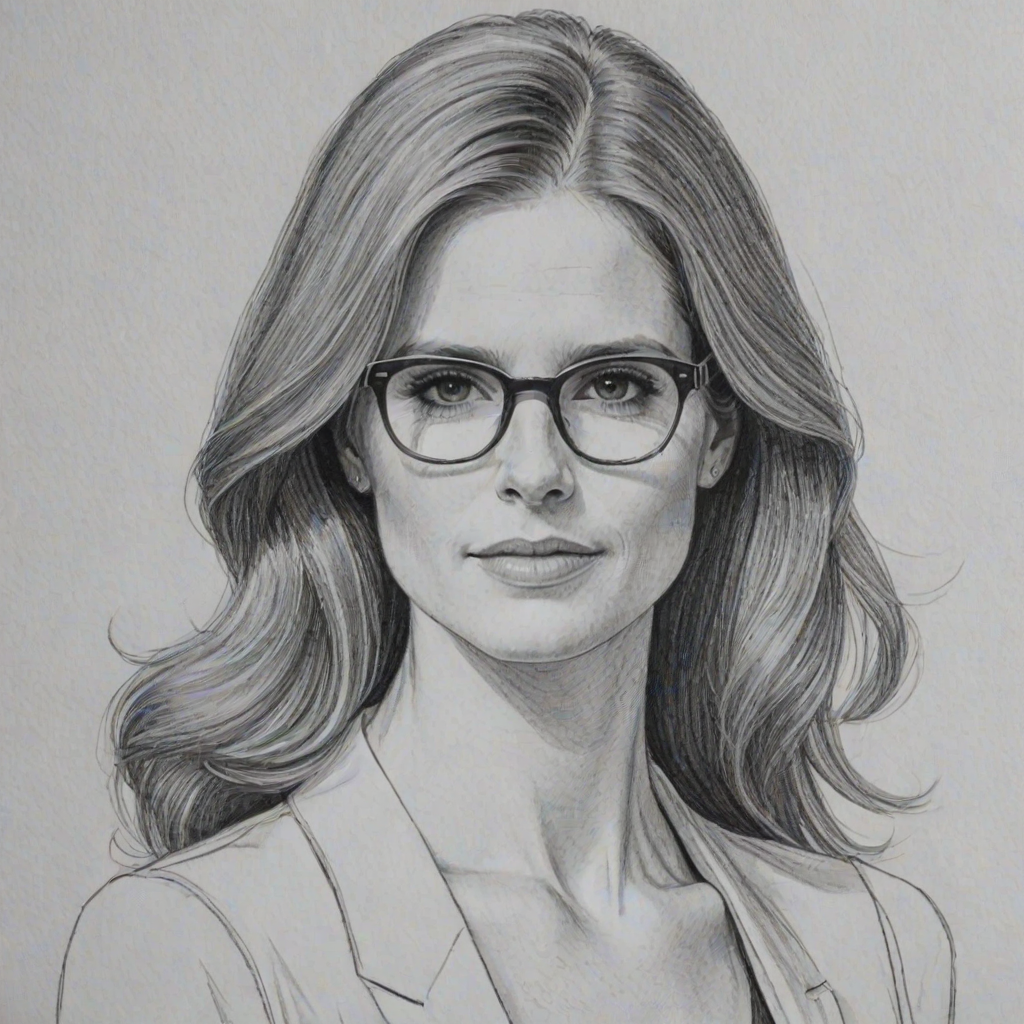 Sublime Sarah Rafferty, pencil sketch, portrait of Stunning woman 1979s in glasses, hair style beatnik, outline, clear lines, fine lines, 8k