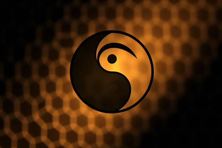 create a high-resolution image of a stylized yin-yang symbol with a honeycomb texture background, using a DSLR camera with a 50mm lens, f/1.8 aperture, ISO 100, and a shallow depth of field for a soft bokeh effect, in a high-contrast lighting setup to accentuate the symbol and texture