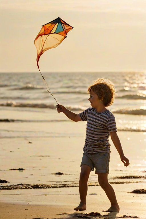 Blurry action shot of a child flying a kite on a windy day at the beach, soft golden light from the setting sun casting long shadows on the sand, with the kite barely visible against the sky.