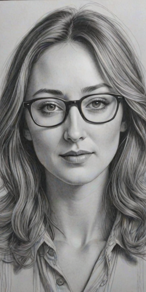 Beauteous Bree Turner, pencil sketch, portrait of Pleasing woman 1972s in glasses, hair style beatnik, outline, clear lines, fine lines, 8k