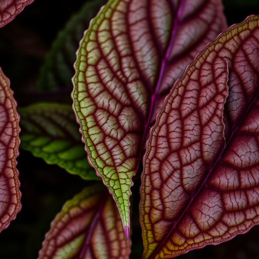 Close-up photograph of textured leaves with vibrant green and dark maroon colors, shallow depth of field, natural lighting, 50mm lens, f/2.8 aperture, ISO 100, taken with a DSLR camera.