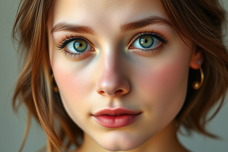 Generate a high-resolution digital illustration of a young woman with medium brown hair and green eyes, front view, using a DSLR camera with a 50mm lens, f/1.8 aperture, ISO 100, 1/200s shutter speed, soft diffused lighting.