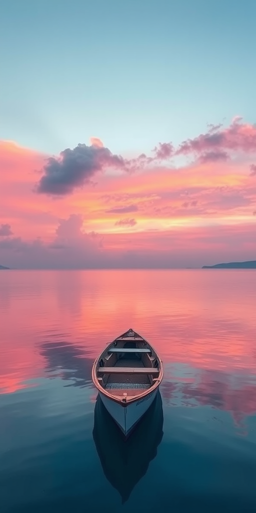 Create a serene watercolor landscape featuring a single boat anchored in calm waters at sunset, with vibrant pink and purple clouds reflecting on the water surface, camera settings: f/11, ISO 100, shutter speed 1/125s, camera view: wide-angle, camera style: artistic, camera type: DSLR.