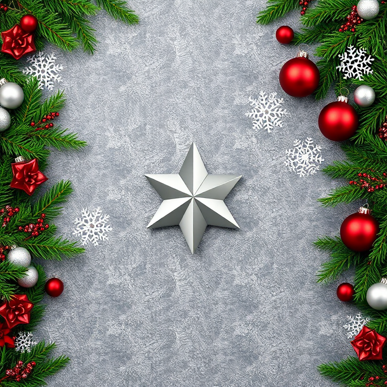 Create an image of a festive Christmas scene featuring a border of evergreen branches adorned with red and silver ornaments, along with white snowflakes. In the center, place a large silver star on a textured gray background.