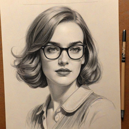 Enchanting Elizabeth Henstridge, pencil sketch, portrait of Sublime woman 1928s in glasses, hair style beatnik, outline, clear lines, fine lines, 8k