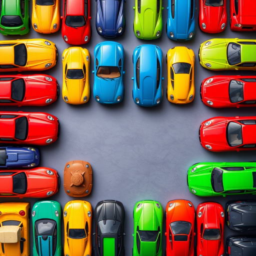 high-resolution vector image of colorful toy cars arranged in two rows, overhead view, f-stop 5.6, ISO 100, focal length 35mm, DSLR camera, vibrant colors, sharp details
