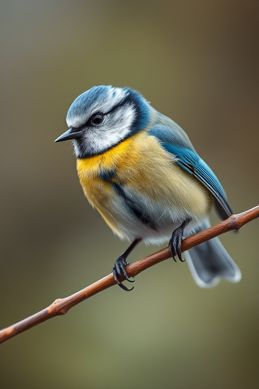 Capture a close-up of a blue tit perched on a branch with a blurred background, using a Canon EOS 5D Mark IV, f/8 aperture, 1/200 sec shutter speed, ISO 400, and a shallow depth of field to enhance details and colors.