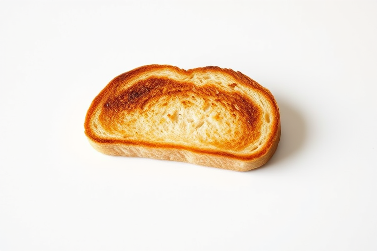 Generate an image of a slice of toasted bread on a white background with a Canon EOS R5 camera, using a 50mm lens, f/2.8 aperture, 1/200s shutter speed, and ISO 100 for enhanced image quality.