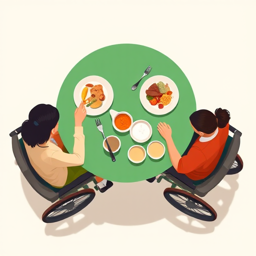 Illustration of four people sitting around a green table with plates of food, two in wheelchairs, in a flat design style, top-down view, using a Canon EOS R5 with a 24-70mm lens at f/4, ISO 100, 1/125s, soft lighting for a clean, vibrant look.