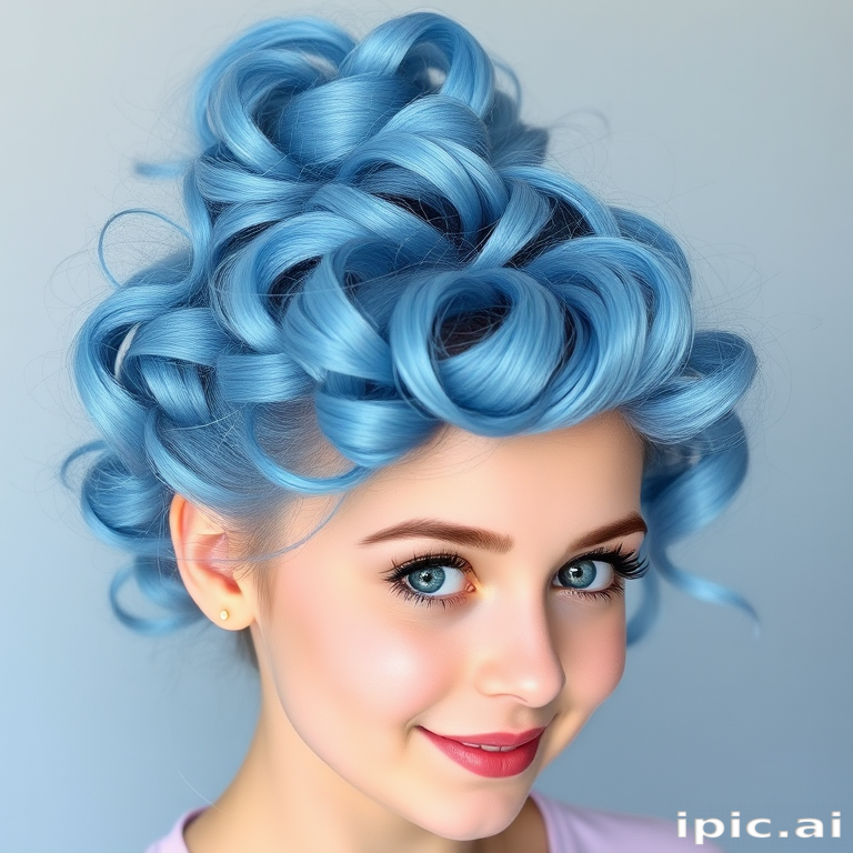 Playful hair style presenting cotton candy blue curls styled in a messy top knot with wispy tendrils framing the face