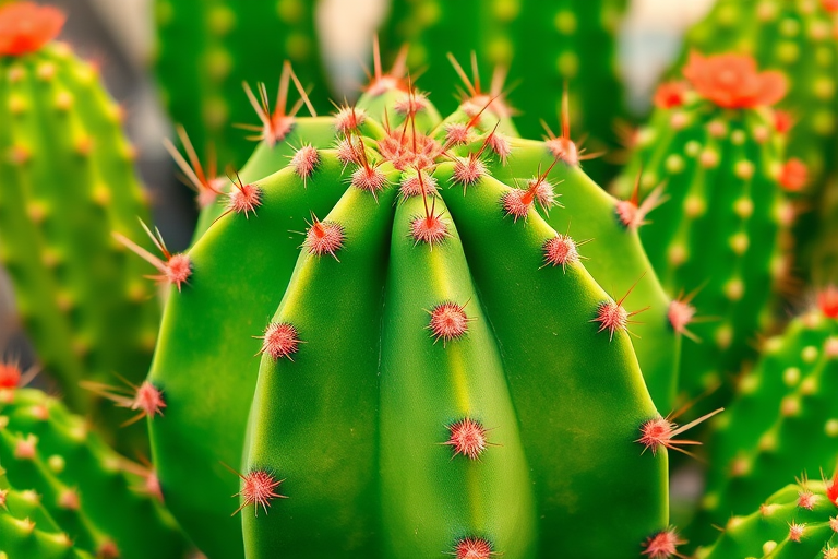 Generate a vibrant illustration of a cactus with bright green color and dotted patterns, using a DSLR camera with a 50mm lens, aperture set to f/2.8, ISO 100, and standard view to enhance details and depth.