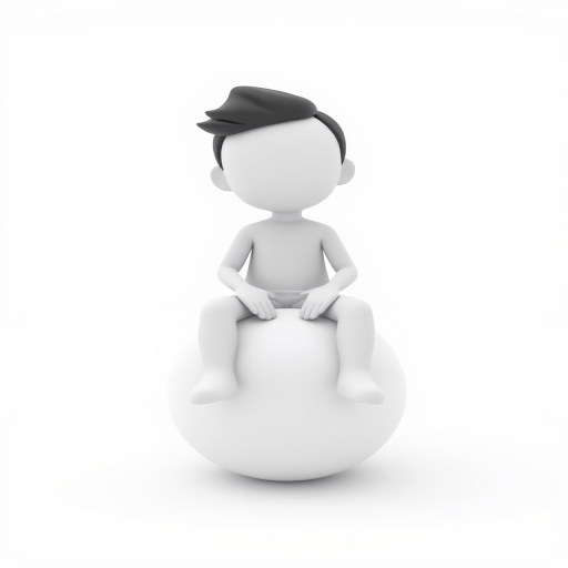3D character sitting on a sphere in a minimalist white setting, high resolution, 50mm lens, f/8 aperture, ISO 100, DSLR camera, soft studio lighting, centered view, smooth shadows, clean background.