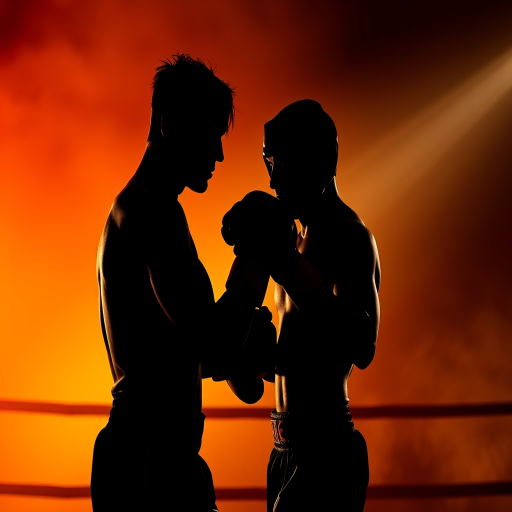 Generate a high-contrast silhouette of two fighters in a boxing stance, capture with a DSLR camera at f/2.8, 1/500s shutter speed, ISO 100, side view with a soft focus background for enhanced clarity.