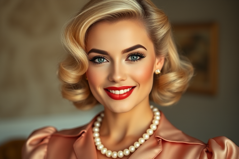 A beautiful taino woman reminiscent of 1950s Hollywood glamour, with perfectly styled blonde hair and a seductive smile, dressed in a satin blouse and adorned with pearls, soft and warm tones, photorealistic, 8K