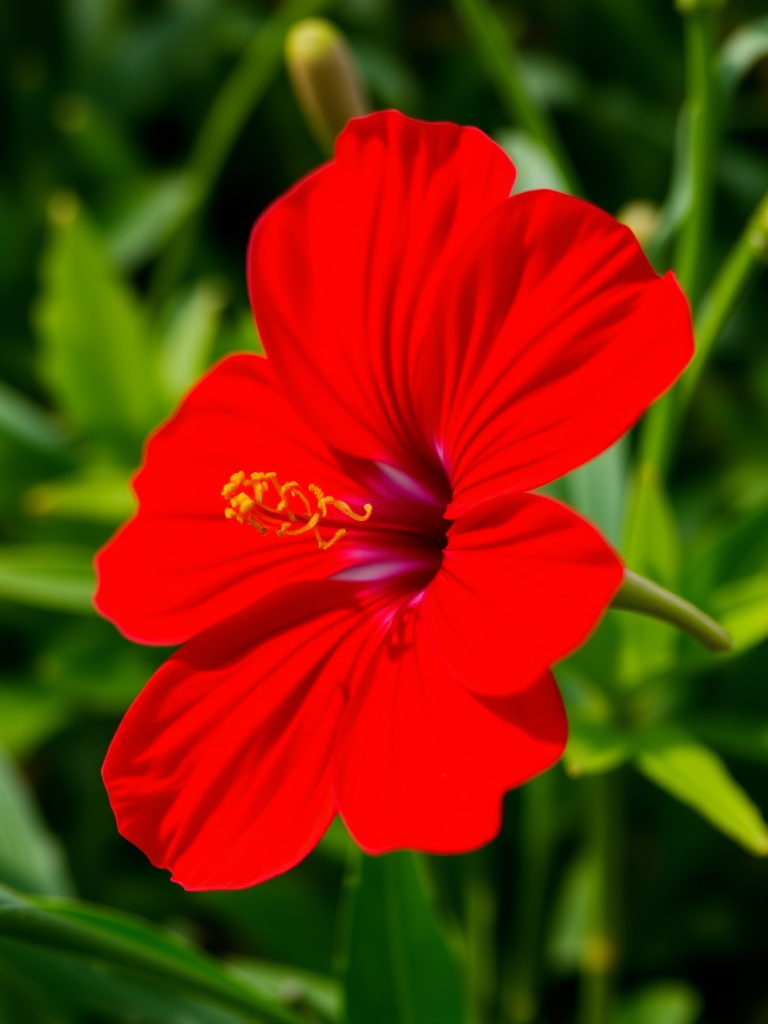 close-up of a vibrant red flower with lush green background, macro lens, f/2.8 aperture, 1/200 sec shutter speed, ISO 100, natural light, DSLR camera, shallow depth of field