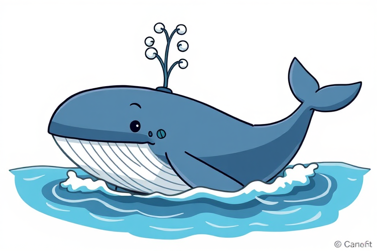 Create a cartoon-style illustration of a whale with a water spout, using a Canon EOS R5, 50mm lens, f/2.8 aperture, ISO 100, and a high dynamic range for vibrant colors and sharp details.