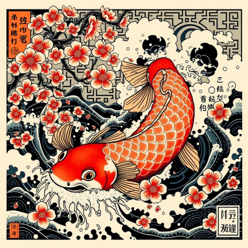 Japanese irezumi tattoo titled "Koi's Ascension" depicting a powerful koi fish swimming upstream through turbulent waters and cascading cherry blossoms, rendered in rich, vibrant colors with bold black outlines and intricate background patterns, incorporating traditional Japanese motifs such as waves, clouds, and wind bars to enhance the narrative quality of the design, perfect for those seeking a bold and culturally significant tattoo that symbolizes perseverance and transformation