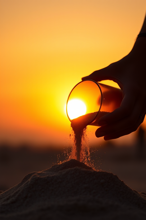 silhouette of a hand pouring sand from a container against a sunset backdrop, 50mm lens, f/1.8 aperture, 1/2000 sec shutter speed, ISO 100, shot from a low angle to emphasize the texture of the sand and the glow of the sunset, DSLR camera