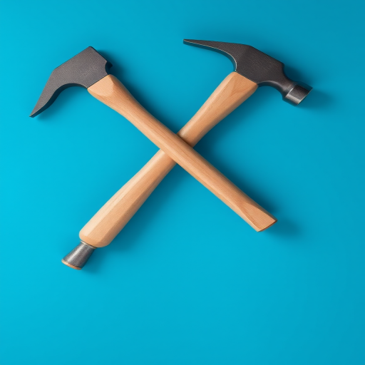 create a high-resolution image of crossed hammers on a solid blue background, using a Canon EOS R5 with a 50mm lens, aperture f/1.8, ISO 100, and soft diffused lighting to enhance details and create a smooth finish, top-down view for clarity.