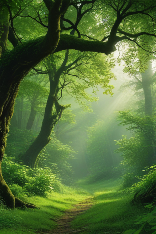Enchanting Forest Pathway Bathed in Soft, Ethereal Green Light
