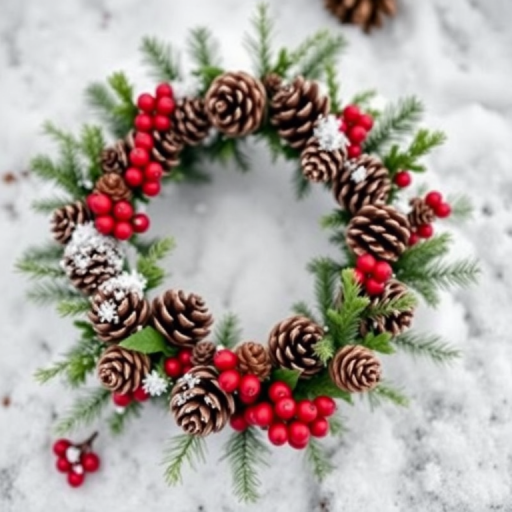 Create a high-resolution image of a circular wreath made of pinecones, green leaves, and red berries, with a snowy background, using a Canon EOS R5 with a 85mm f/1.2 lens at aperture f/2.8, ISO 100, and a shallow depth of field for a soft focus effect.