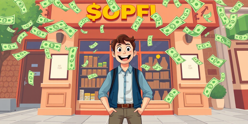 illustrate a happy man standing in front of a shop, surrounded by flying money bills, use a colorful and engaging style, camera type: digital camera, settings: ISO 100, aperture f/4.0, shutter speed 1/200s, view: eye-level, style: flat design